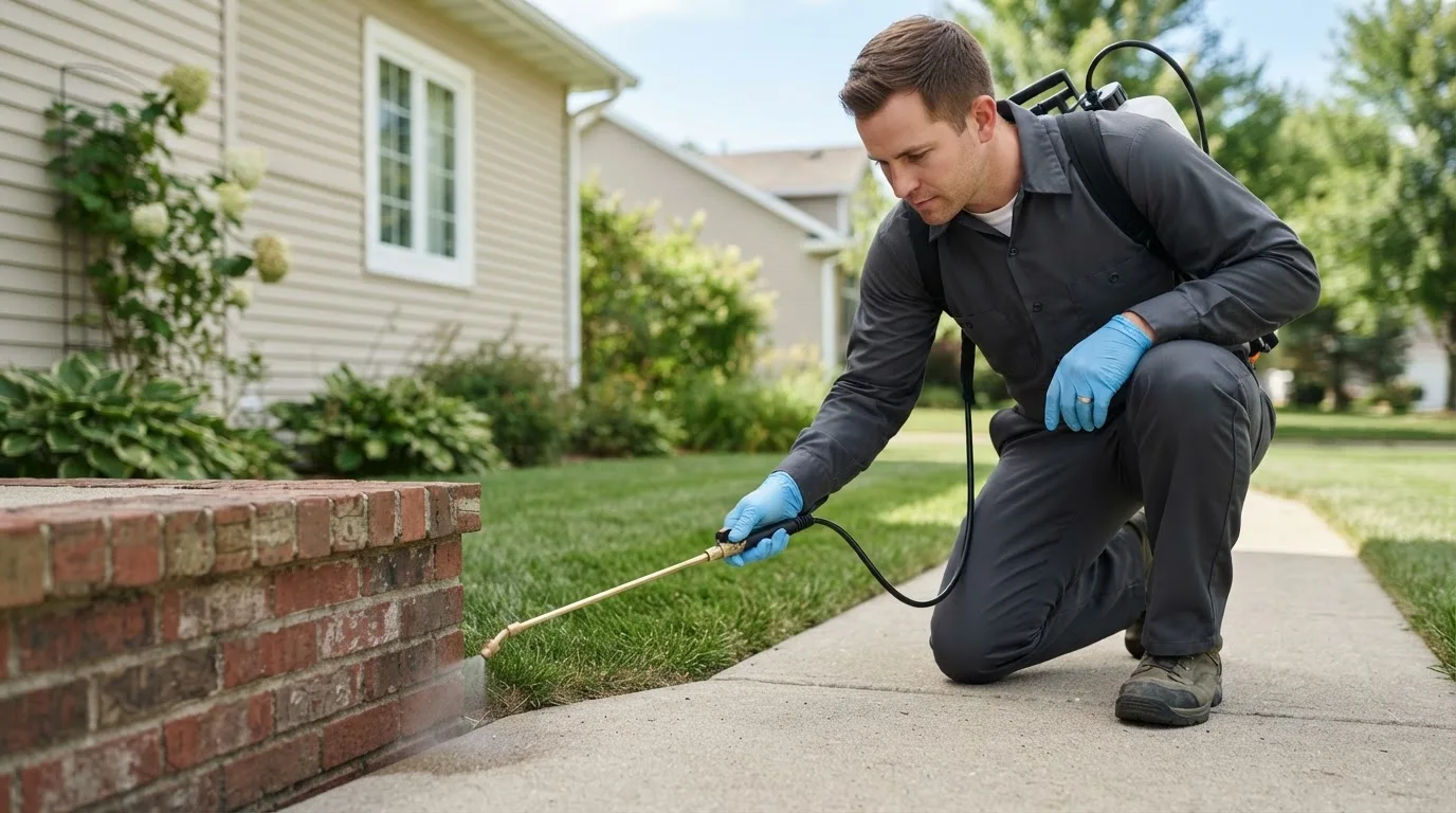 Pest control technician treating a home near Perkinsville, VT